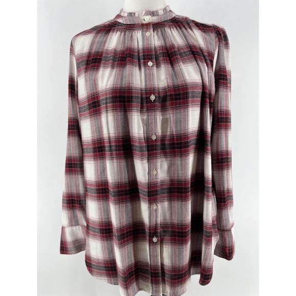 LOFT Tops - LOFT Plaid Ruffle Neck Flannel Top Womens Medium Burgundy Button Cottagecore